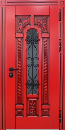 Входная уличная термодверь с решеткой, стеклом и фрезерованными панелями МДФ красного цвета Входная уличная термодверь с решеткой, стеклом и фрезерованными панелями МДФ красного цвета